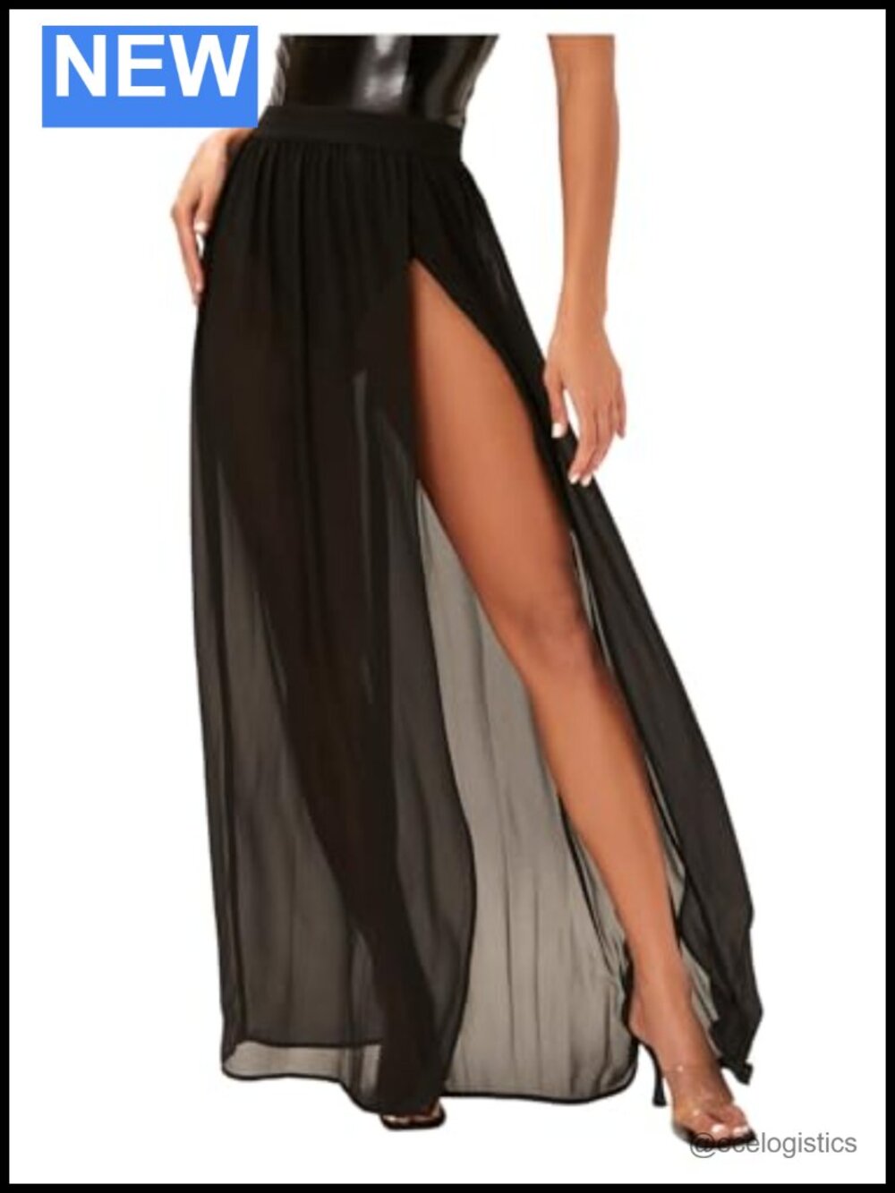 Women's Sheer Mesh Ruffle Maxi Skirt High Waist Slit Long Formal